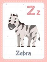 Alphabet druckbar Speicherkarte mit Brief z. Karikatur süß gestreift Zebra Tier und Englisch Wort auf Blitz Karte zum Kinder Bildung. Schule Erinnerung Karte zum Kindergarten Kinder eben Illustration. vektor