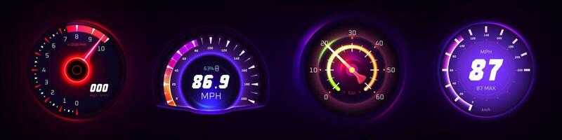 Auto glühend Tachometer, Kilometerzähler und Geschwindigkeitsmesser messen zum Auto Digital Instrumententafel realistisch isoliert auf dunkel Hintergrund. Geschwindigkeit Schalter, Neon- Messgeräte mit Pfeil oder Zeiger zum Fahrzeug Tafel. vektor