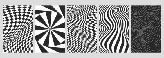uppsättning av skev checkerboard posters med förvrängd virvla runt och rutig textur. trendig schackbräde bakgrunder i retro y2k psychedelic stil. sömlös geometrisk mönster med rutnät bricka, vågig linje vektor