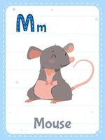 alfabet tryckbar Flash-kort med brev m. tecknad serie söt mus djur- och engelsk ord på blixt kort för barn utbildning. skola minne kort för dagis barn platt illustration. vektor
