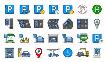 automatisk garage service och parkering linje ikoner vektor