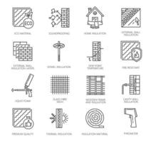 Mauer Thermal- Isolierung Symbole, Mineral wolle, Werkzeuge vektor