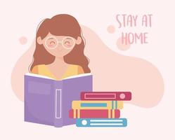 Bleib zu Hause, junge Frau mit Stapelbüchern vektor