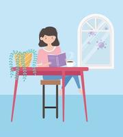 Bleib zu Hause, Mädchen liest Buch im Tisch mit Kaffeetasse und Topfpflanze vektor