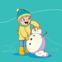 illustration av en pojke framställning en snögubbe lyckligt vektor