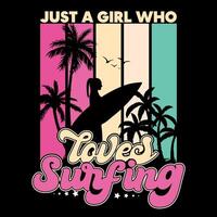bara en flicka vem förälskelser surfing. retro årgång surfing t-shirt design, affischer, hälsning kort, textilier, klistermärke illustration, baner, och gåva vektor