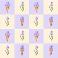 Lavendel Eis Creme. drei Schaufeln von cremig Süss Dessert im ein Waffel Kegel. lila Sorbet. nahtlos Muster. Illustration. vektor