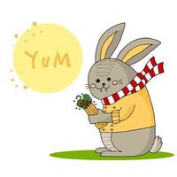 lustiger Hase in gelber Jacke und weiß-rot gestreiftem Schal mit Döner. handgezeichnete Doodle-Illustration.