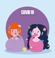 Covid 19 Coronavirus, Junge und Mädchen mit Symptomen infiziert, Atemwegserkrankung vektor