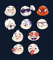Set Emoji, Emoticons Chat Kommentar Reaktionen wütend glückliche Liebe Kuss Überraschung vektor