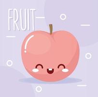 Pfirsich-Kawaii-Frucht mit einem Lächeln mit Frucht-Schriftzug vektor