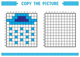 kopia de bild, komplett de rutnät bild. pedagogisk kalkylblad teckning med rutor, färg cell områden. barns förskola aktiviteter. tecknad serie , pixel konst. moln och regn illustration. vektor