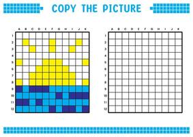 kopia de bild, komplett de rutnät bild. pedagogisk kalkylblad teckning med rutor, färg cell områden. barns förskola aktiviteter. tecknad serie , pixel konst. Sol och hav illustration. vektor