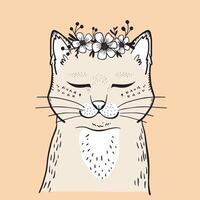 süß Hand gezeichnet Katze mit Blumen. Illustration im Gekritzel Stil. vektor