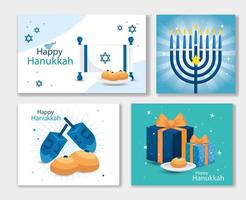 uppsättning affisch av glad hanukkah med dekoration vektor