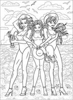 Färbung Seite mit drei jung schön Frauen mit Cocktail Getränke und Hut auf Ferien auf Strand gegen Meereslandschaft. Sommer- Hintergrund, Reise Konzept, Linie Kunst. vektor