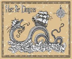 skrämmande drake och fartyg med kompass, hav vågor och titel här vara drakar. skiss av tatuering fantasi begrepp och t-shirt design. grafisk linje konst illustration vektor