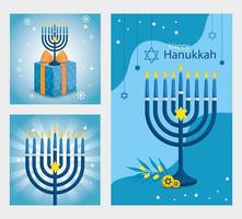 uppsättning affisch av glad hanukkah med dekoration vektor