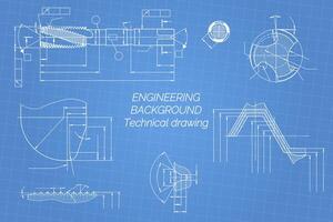 mechanisch Ingenieurwesen Zeichnungen auf Blau Hintergrund. Zapfhahn Werkzeug, Bohrer. technisch Design. Abdeckung. Entwurf. Illustration. vektor