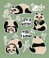 Panda und Bambus Aufkleber Satz. Wohnung, Karikatur Illustration vektor