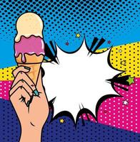 Hand mit Eiscreme und Explosion Pop-Art-Stilikone vektor