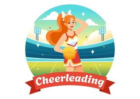 cheerleader flicka illustration med cheerleading pom poms av dans och Hoppar till Stöd team sport under konkurrens på platt bakgrund vektor