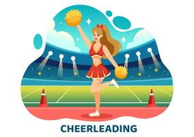 cheerleader flicka illustration med cheerleading pom poms av dans och Hoppar till Stöd team sport under konkurrens på platt bakgrund vektor