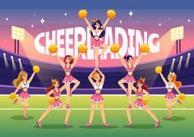 cheerleader flicka illustration med cheerleading pom poms av dans och Hoppar till Stöd team sport under konkurrens på platt bakgrund vektor