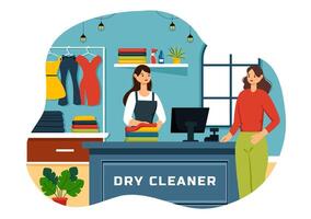 torr rengöring Lagra service illustration med tvättning maskiner, torktumlare och tvätt för rena Kläder i platt tecknad serie bakgrund design vektor
