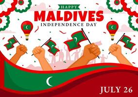glücklich Malediven Unabhängigkeit Tag Illustration auf 26 Juli mit Malediven wellig Flagge und Band im eben Karikatur Hintergrund Design vektor