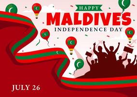 glücklich Malediven Unabhängigkeit Tag Illustration auf 26 Juli mit Malediven wellig Flagge und Band im eben Karikatur Hintergrund Design vektor