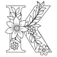 Alphabet k Färbung Seite mit das Blume, k Brief Digital Gliederung Blumen- Färbung Buchseite, ABC Färbung Seite vektor