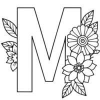Alphabet m Färbung Seite mit das Blume, m Brief Digital Gliederung Blumen- Färbung Buchseite, ABC Färbung Seite vektor