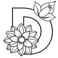 Alphabet d Färbung Seite mit das Blume, d Brief Digital Gliederung Blumen- Färbung Buchseite, ABC Färbung Seite vektor