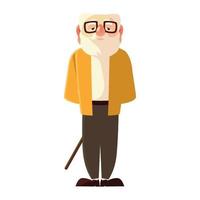 gammal man med promenadkäpp och glasögon, farfar seriefigur senior vektor