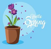 Hallo Frühlingskarte mit schönen Blumen im Topf vektor