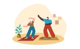 Karikatur glücklich Senior Mann und Frau tun Yoga, tai Chi Übungen oder Qigong zum gesund flexibel Körper. alt Menschen Erholung und Hobby. Alten Zeichen tun physisch Aktivitäten zusammen beim heim. vektor