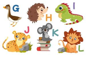 Englisch Alphabet mit eben süß Tiere zum Kinder Bildung. Briefe mit komisch Tier Zeichen von G zu l. Kinder Design einstellen zum Lernen zu buchstabieren mit Karikatur Zoo Sammlung. vektor