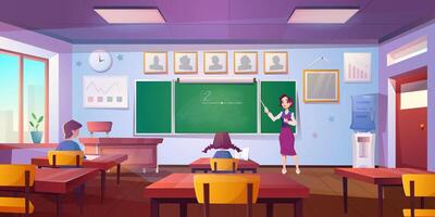 Karikatur Klassenzimmer zum Mathematik Lernen mit Schüler und Lehrer beim das Tafel. Bildung Schule oder Hochschule Klasse Innere mit Formel auf Grün Tafel, Uhr hängend auf Mauer und Wasser Kühler. vektor