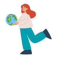 ein rothaarig Frau halten ein stilisiert Erde Globus, Darstellen Umwelt Pflege oder global Bewusstsein. eben Illustration zum Netz oder App Design vektor