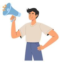 en ung man stående med ett hand på hans höft, självsäkert svängande en högtalare, signal- ett meddelande eller ring upp till handling. platt illustration för webb eller app design vektor