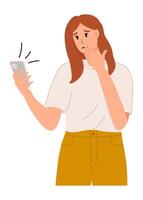 Frau lesen Schlecht Nachrichten im Smartphone. modern eben Illustration. vektor