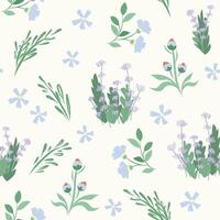 mönster av blommande lavendel- buskar. vår blå vildblommor, blomning bakgrund. hand dragen tapet för tyg, grafik, inbjudningar, täcker. delikat sommar sömlös textil- design vektor