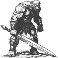 Oger Krieger mit Schwert voll Körper Bilder mit alt Gravur Stil vektor