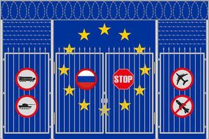 Illustration von das Flagge von europäisch Union unter das Gitter. Konzept von Isolationismus. Nein Krieg. vektor