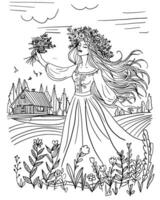 Färbung Buch Seite zum Erwachsene. Göttin mit Blumen. Hochsommer- Urlaub. Hand gezeichnet Illustration. vektor
