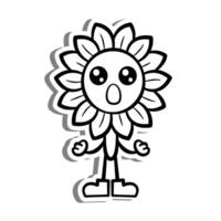 schwarz Linie retro Karikatur Sonnenblume ist besorgt. auf Weiß Silhouette und grau Schatten. Gekritzel Stil Illustration zum schmücken, Färbung und irgendein Design. vektor