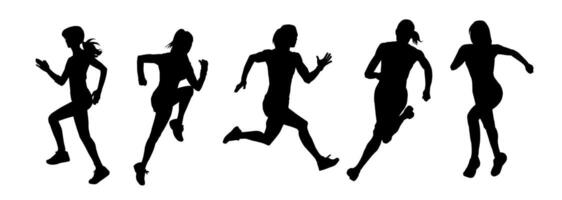 silhuett samling av kvinnor löpning utgör. silhuett av sportig honor i löpning utgör. vektor