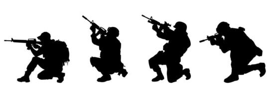 Silhouette Sammlung von männlich Soldat Tragen Maschine Gewehr Waffe. vektor
