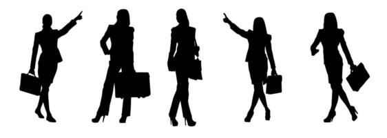 silhuett samling av företag kvinna bärande portfölj i uttrycksfull utgör vektor